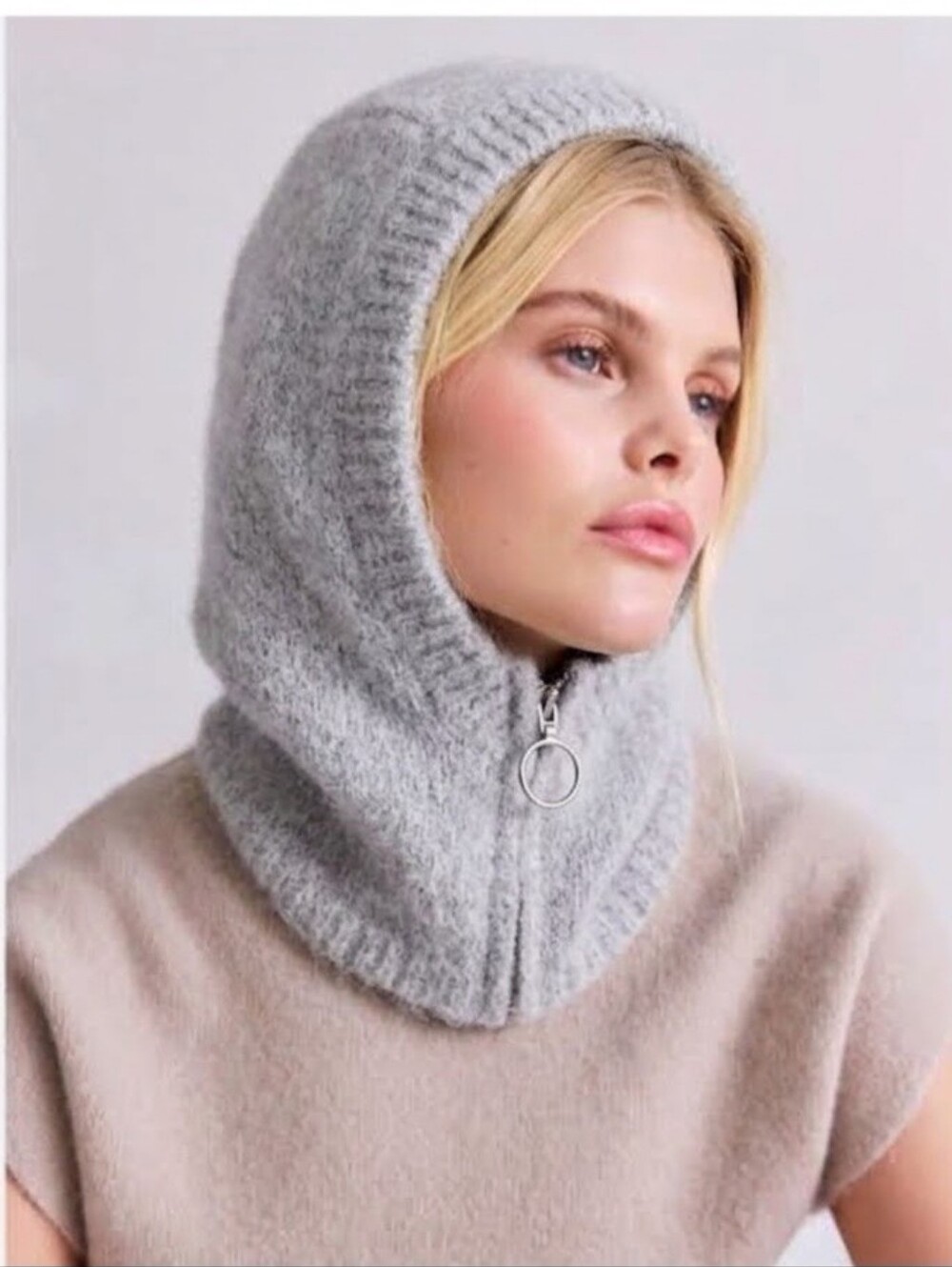NWT H&M Knit Hood Balaclava Zip Front Light Gray One Size $24.99
